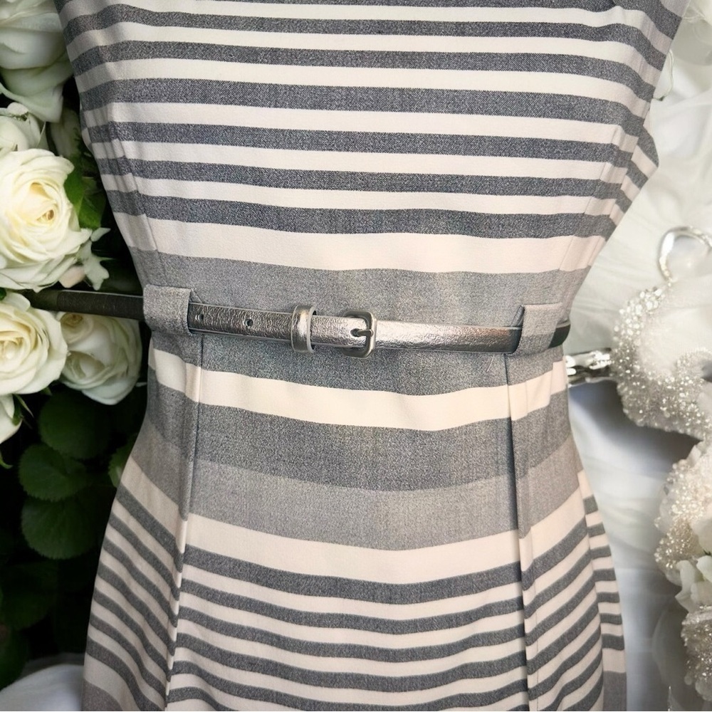 Calvin Klein Gray Striped Pintucked Sheath Dress With Silver Belt Size 6 - Picture 7 of 16
